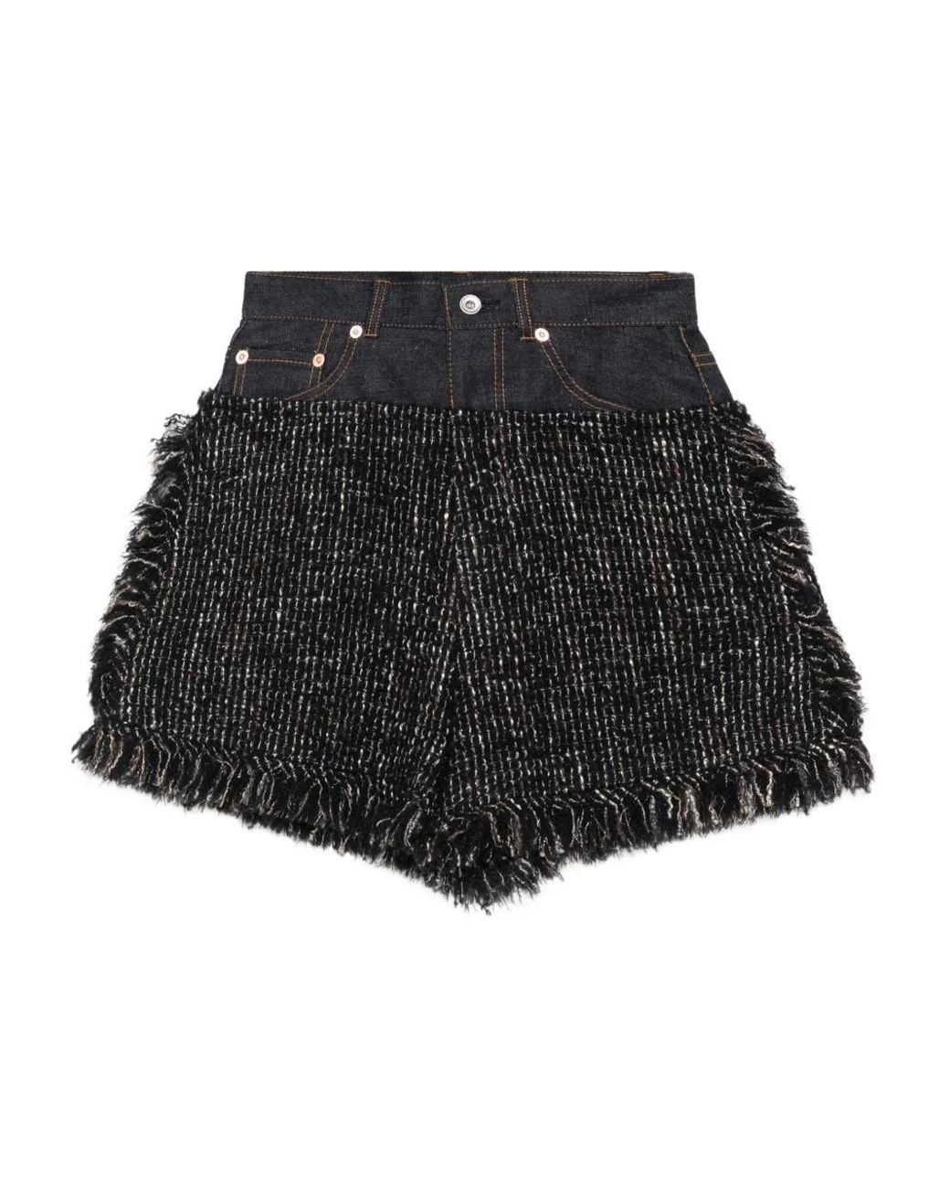 Sacai Black Fringed Tweed Denim Shorts