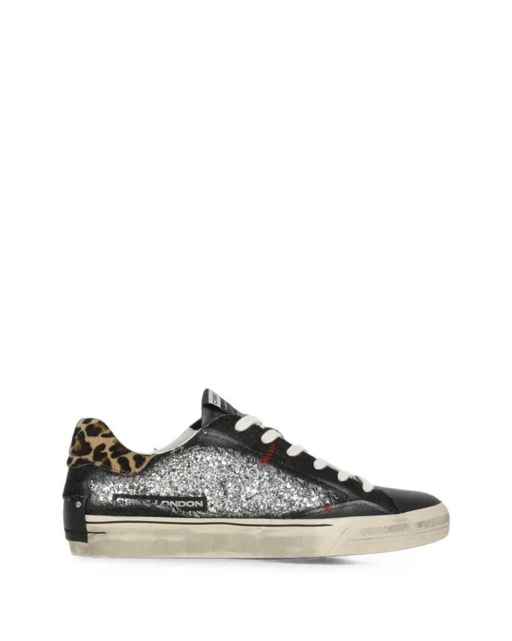 Crime London White Desconstructed Glitter-Detail Leopard-Print Sneakers