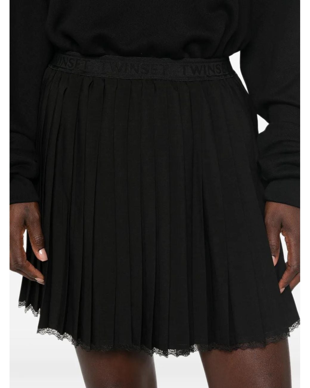 Twinset Black Lace-Trim Pleated Mini Skirt