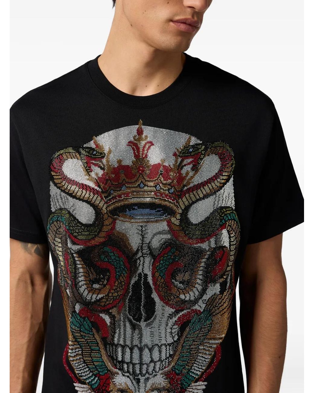 Philipp Plein Black Rhinestone-Pattern T-Shirt for men