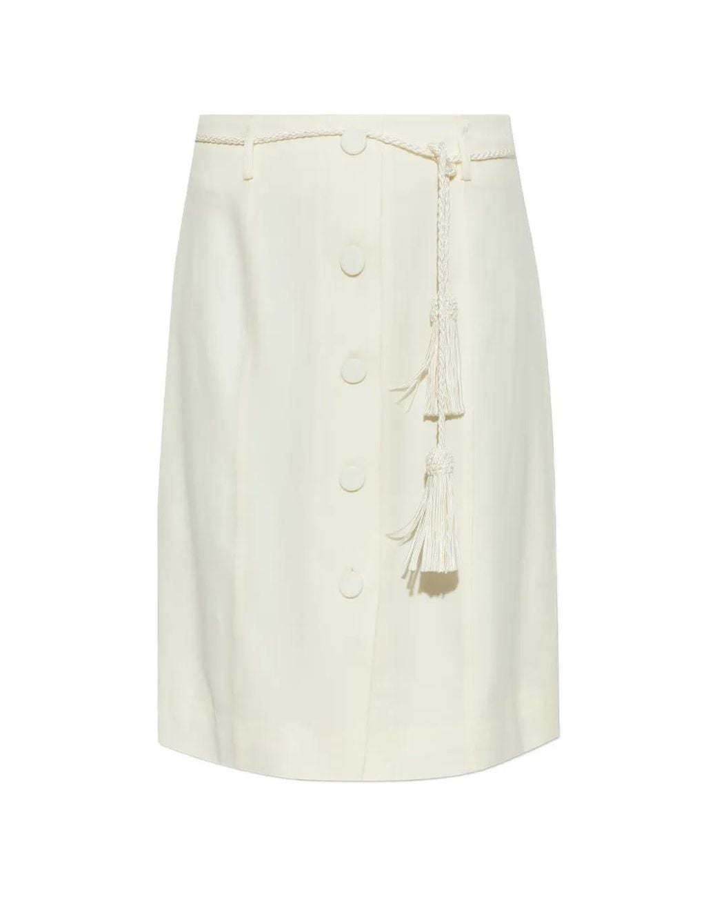Posse White Elspeth Button-Front Tassel-Belt Wool Midi Skirt