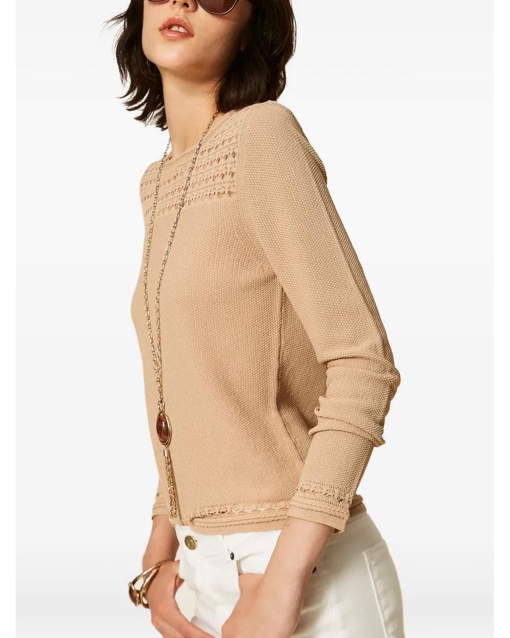 Twinset Natural Crew-Neck Jumper With Cable Pattern