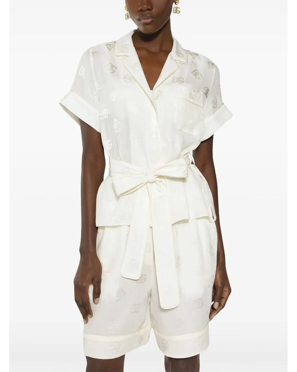 Dolce & Gabbana White Dna Monogram-Jacquard Tied-Waist Shirt
