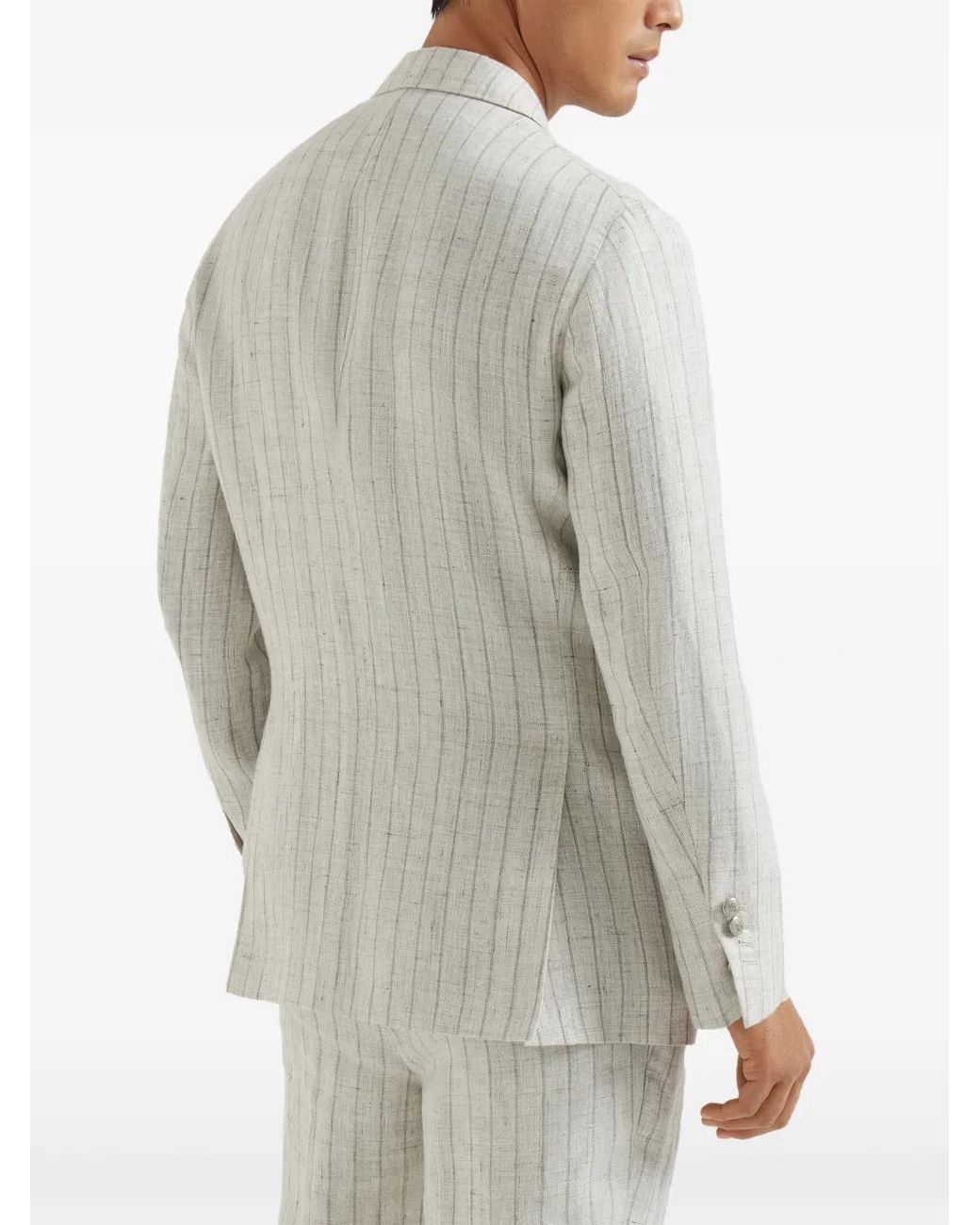 Brunello Cucinelli White Stripe Linen Twill One-And-A-Half Breasted Deconstructed Blazer for men
