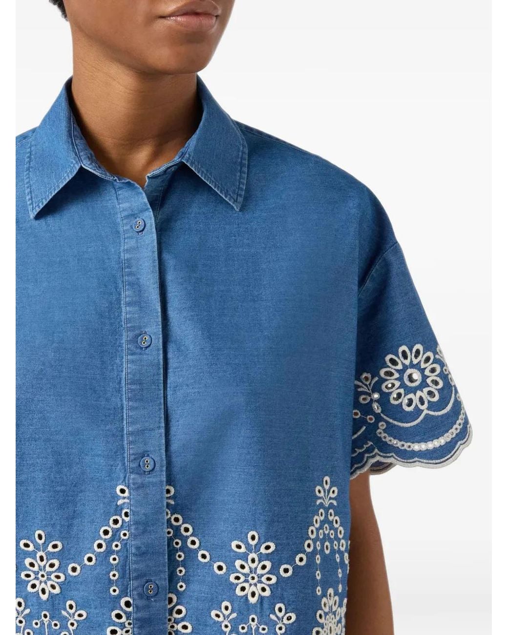 Mc2 Saint Barth Blue Clementine Chambray Shirt With Floral Embroidery