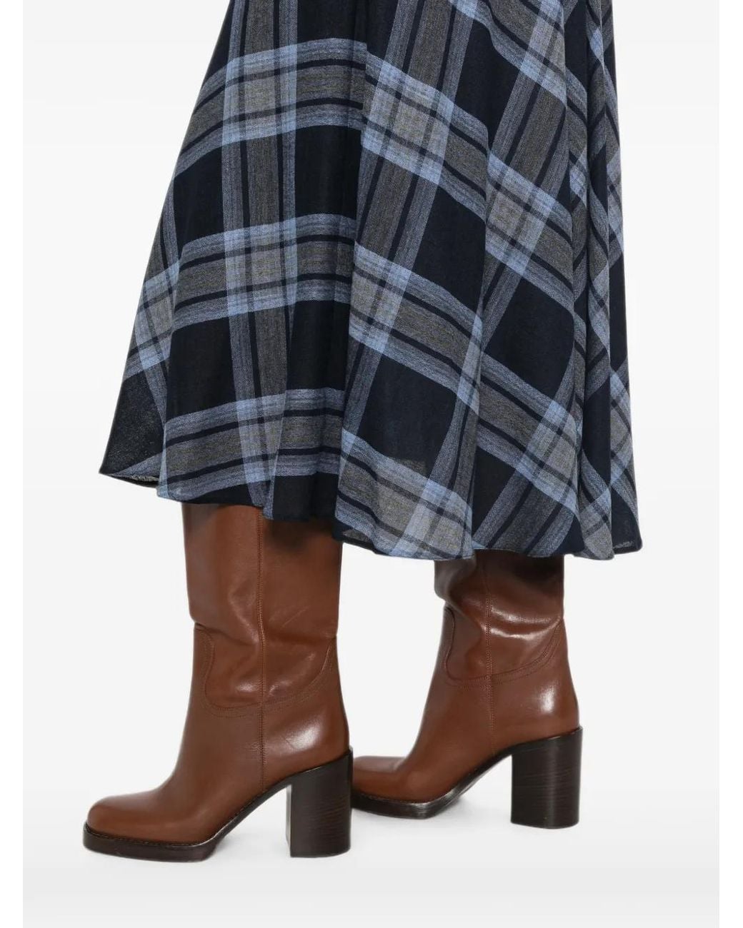 Marella Blue Check-Pattern Flared Mid Skirt