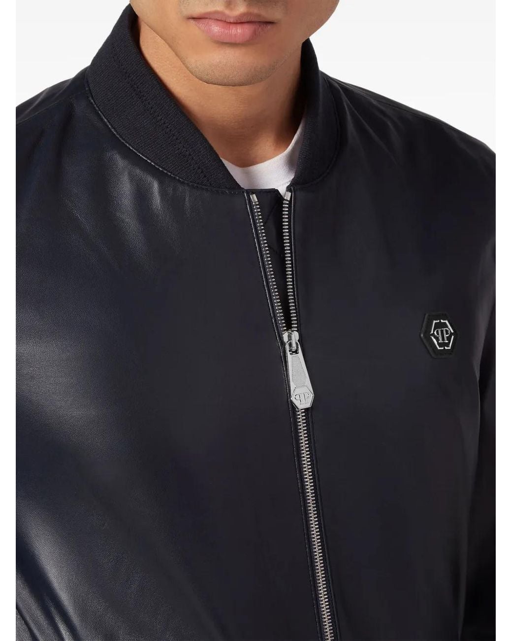 Philipp Plein Blue Leather Bomber Jacket for men
