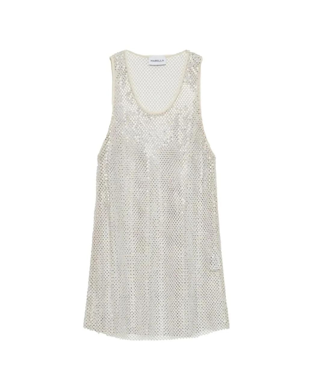 Marella White Scoop-Neck Rhinestones Top