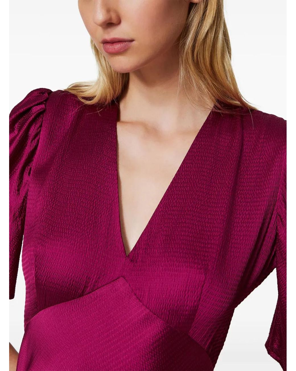 Twinset Purple Hammered Satin V-Neck Dress