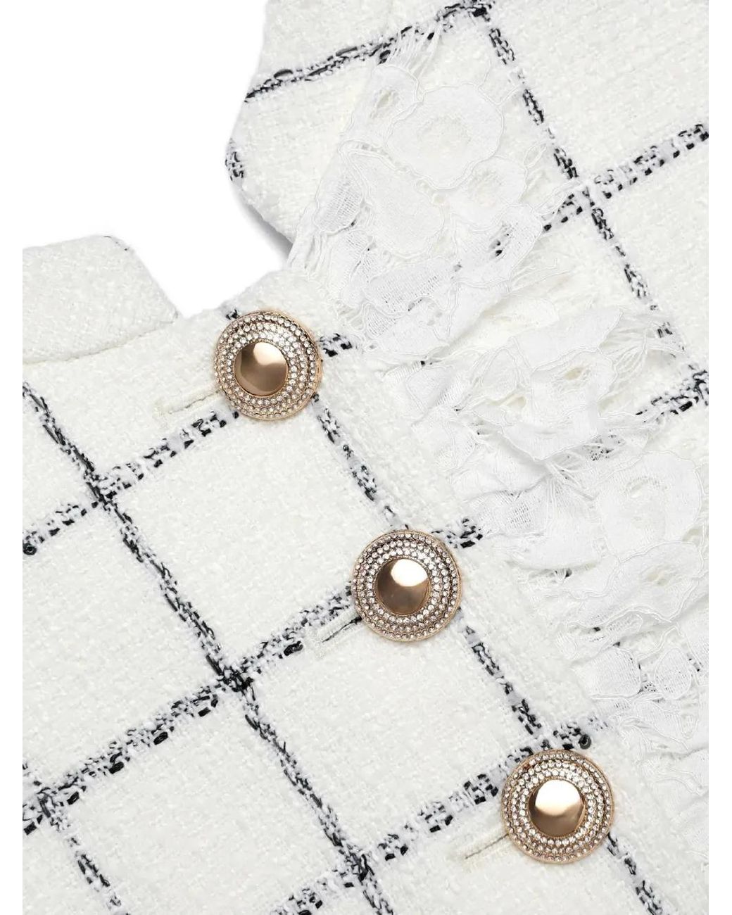 Self-Portrait White Check Boucle Lace Trim Mini Dress