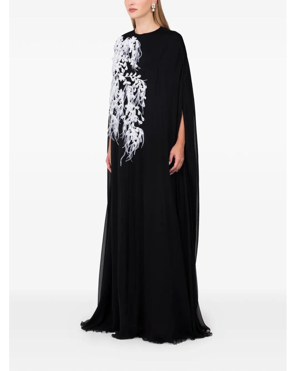 Dina Melwani Black Feather-Print Maxi Dress