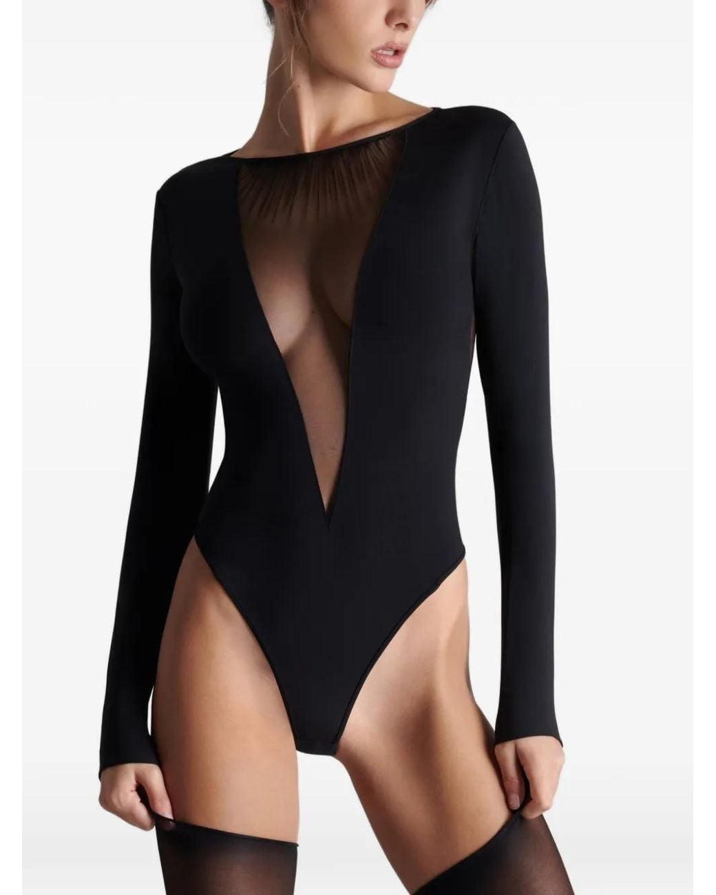 Scandale Black Nuit Fauve Mesh-Panel Thong Bodysuit