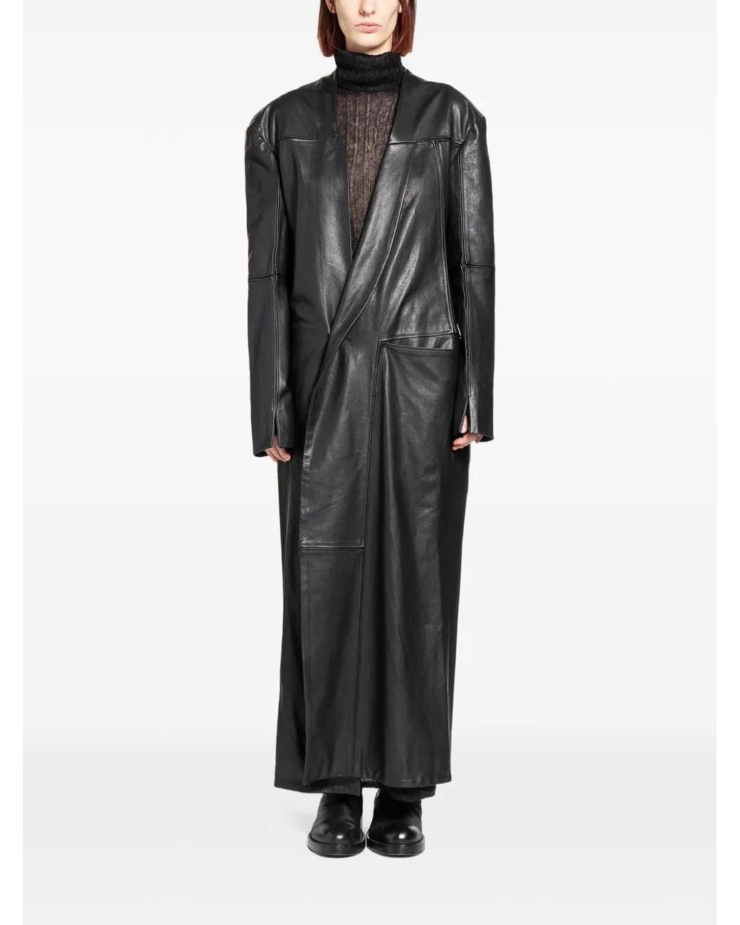 Yehuafan Black Double-Breasted Leather Coat