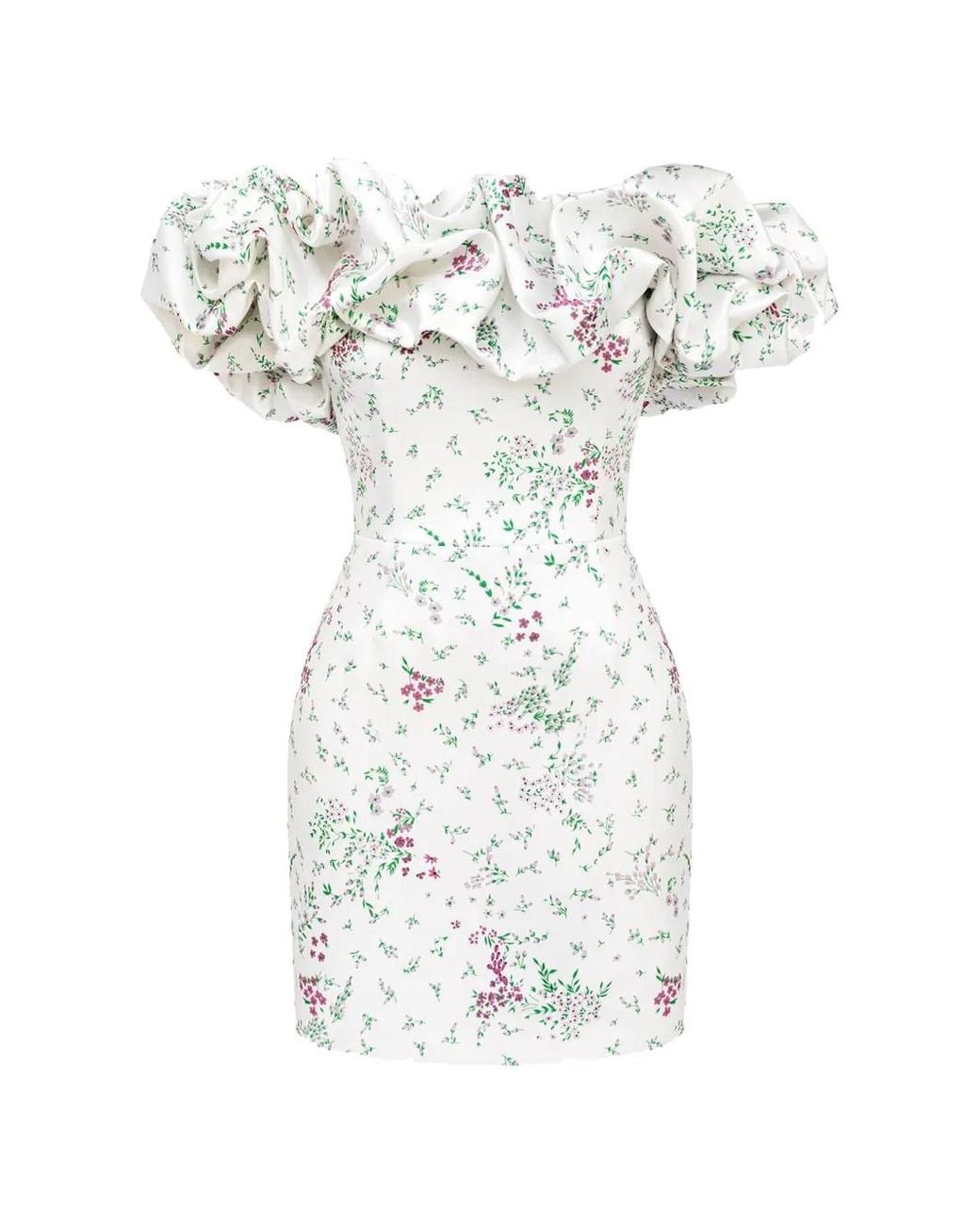 POST MERIDIEM White Ruffled Floral-Print Mini Dress