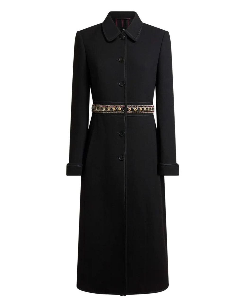 Etro Black Wool Coat With Jewel Embellishments