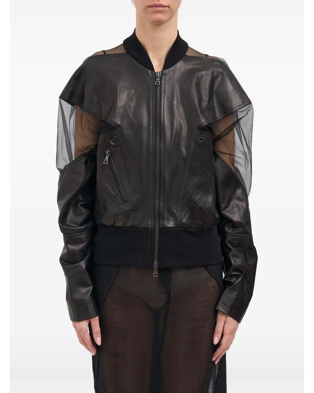 Yehuafan Black Panelled Leather Bomber Jacket