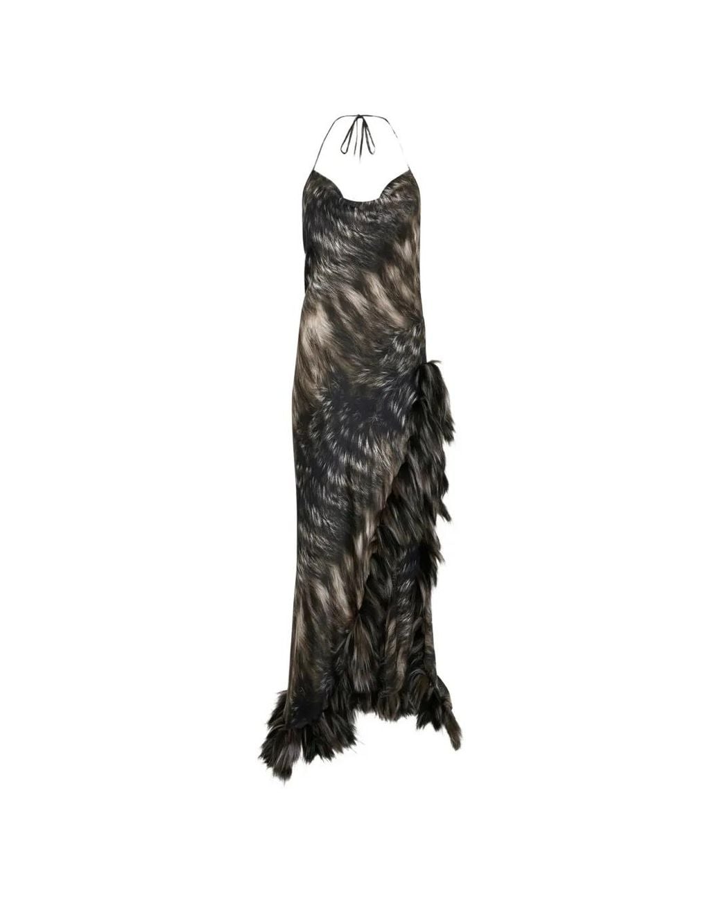 Roberto Cavalli White Maxi Fur-Print Halterneck Dress