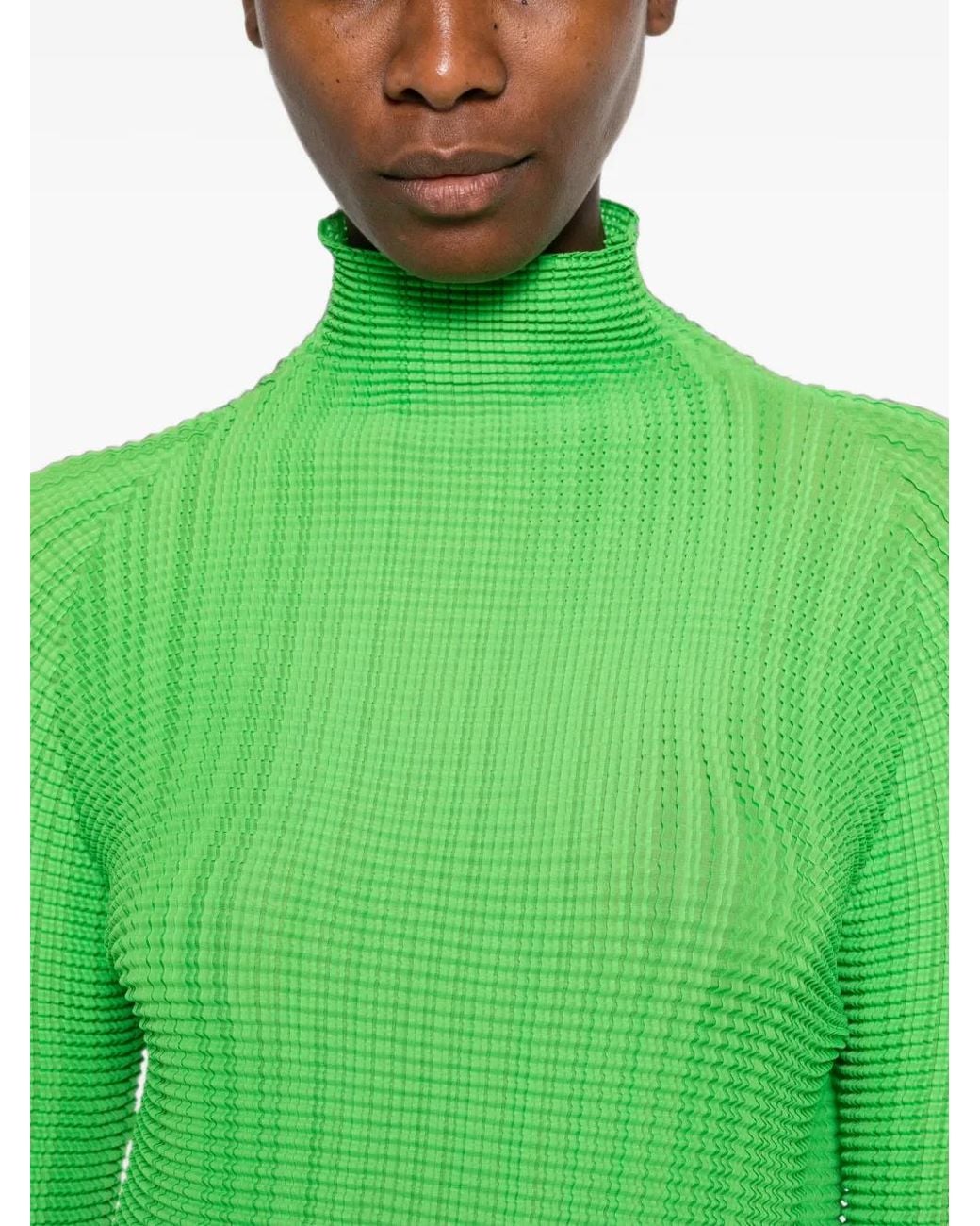Issey Miyake Green Pleated High-Neck Blouse