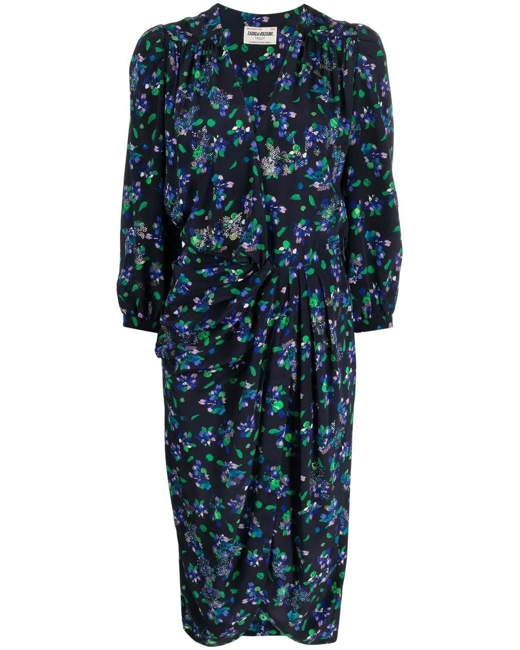 Zadig & Voltaire Blue Draped Floral-Print Midi Dress