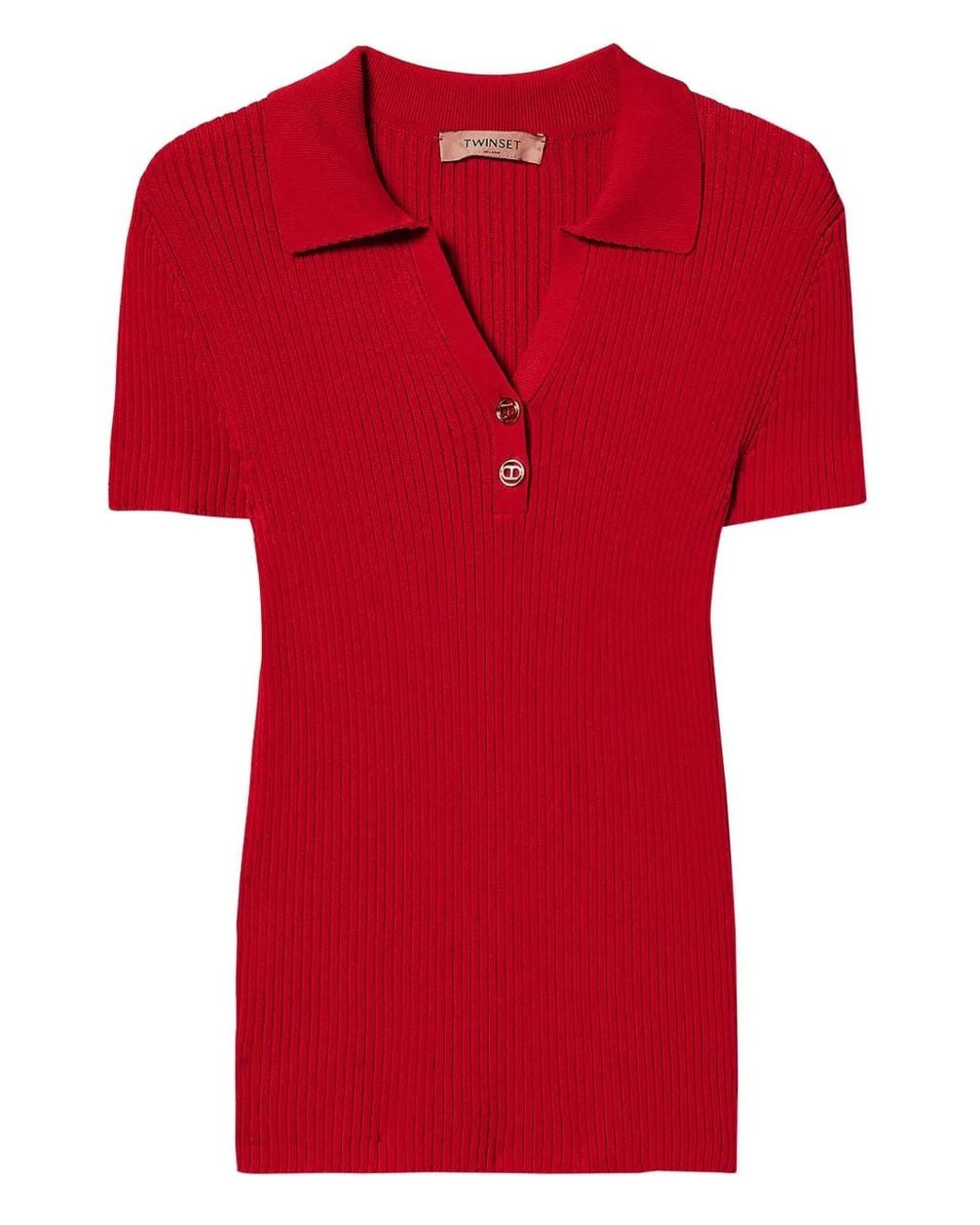 Twinset Red Fine Ribbed Polo Top