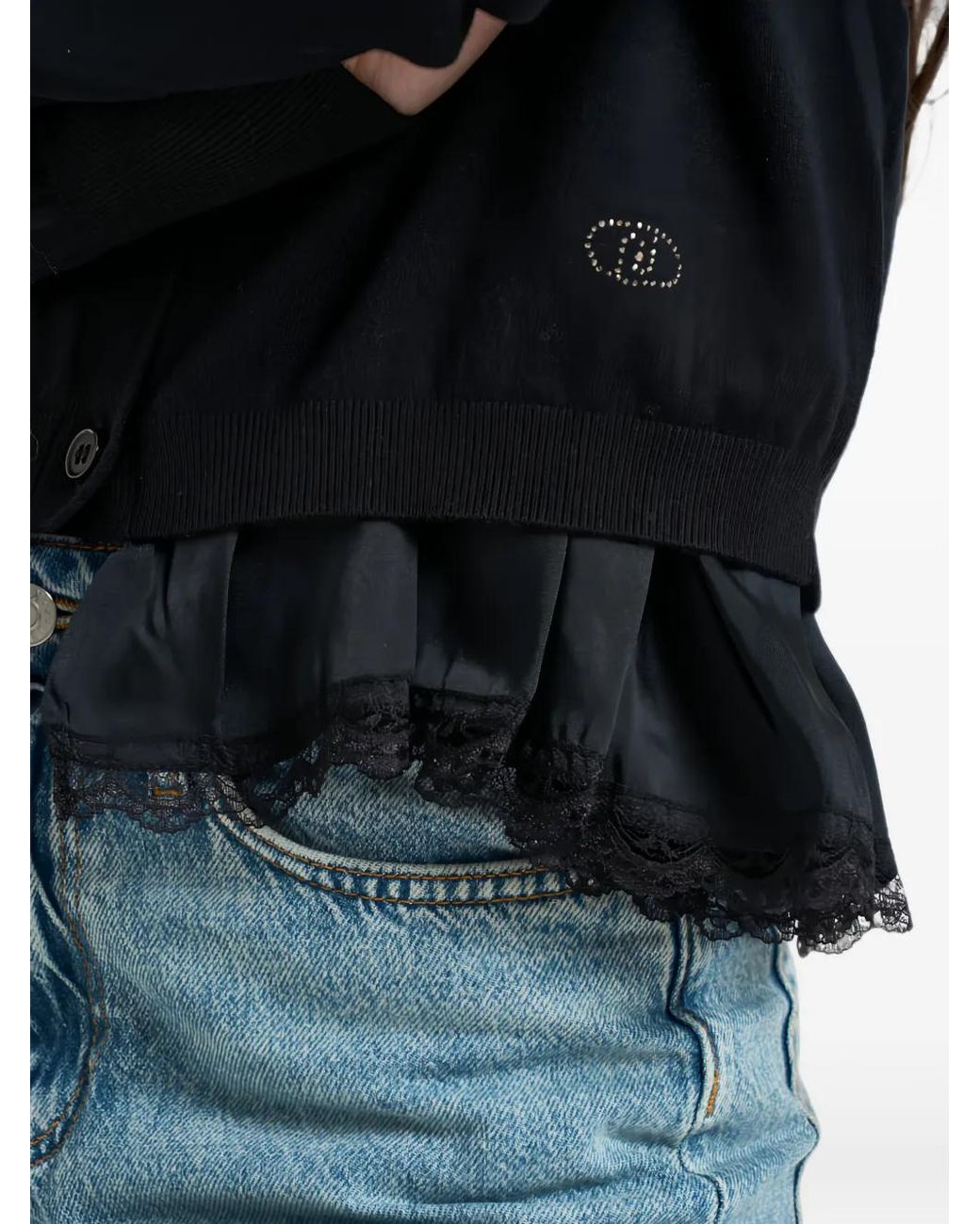 Liu Jo Black Cardigan Bordé De Dentelle À Volants