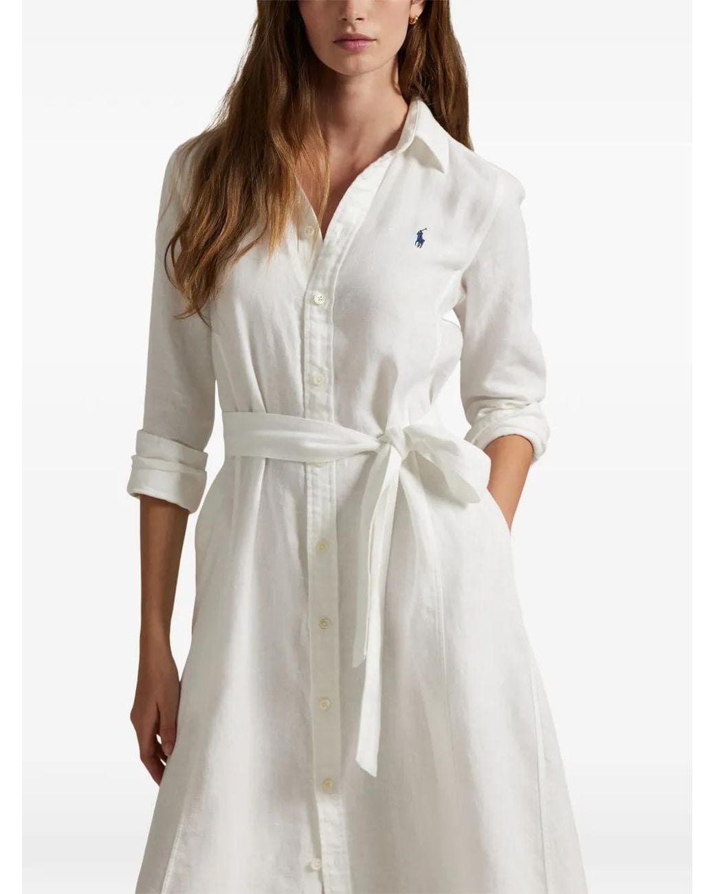 Polo Ralph Lauren White Belted Linen Midi Shirt Dress