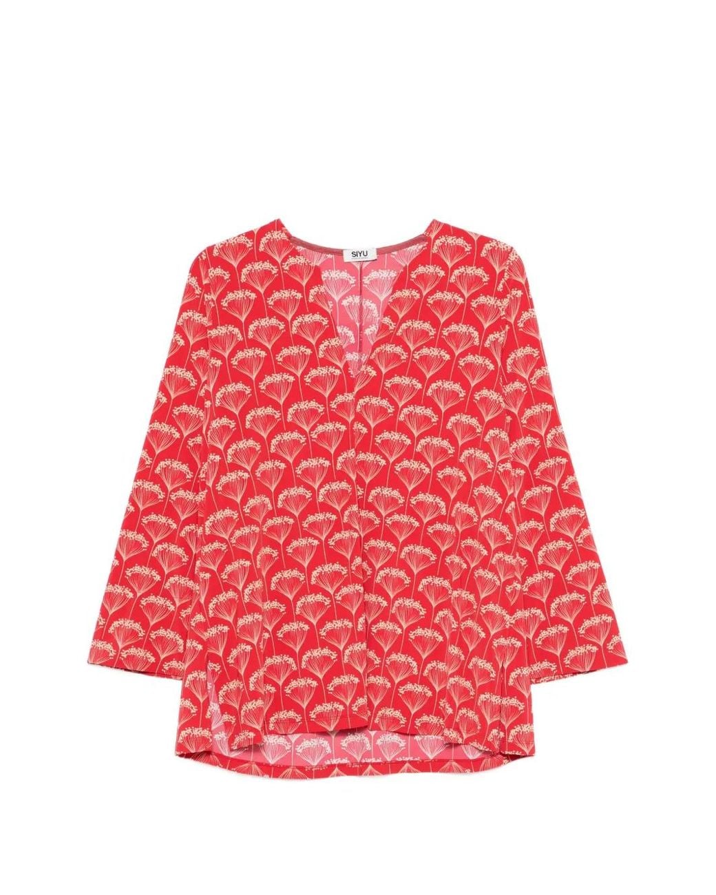 Siyu Red Floral-Print V-Neck Blouse
