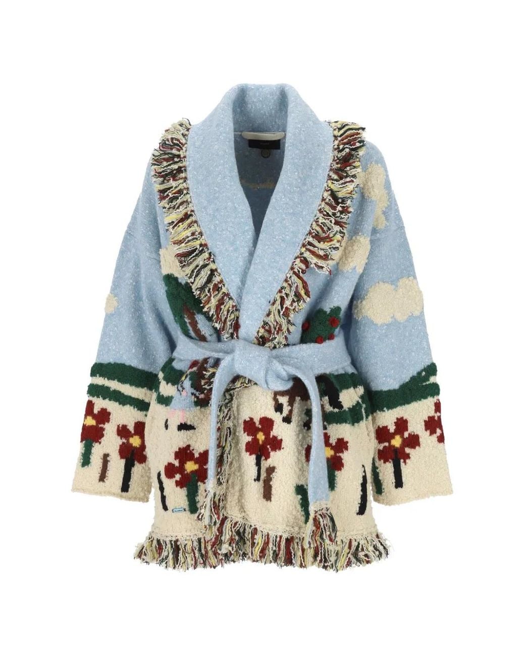 Alanui Blue Casa Fringed Intarsia-Knit Cardi-Coat