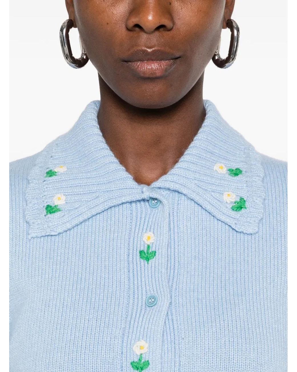 Stine Goya Blue Floral-Embroidered Puff-Sleeve Cardigan