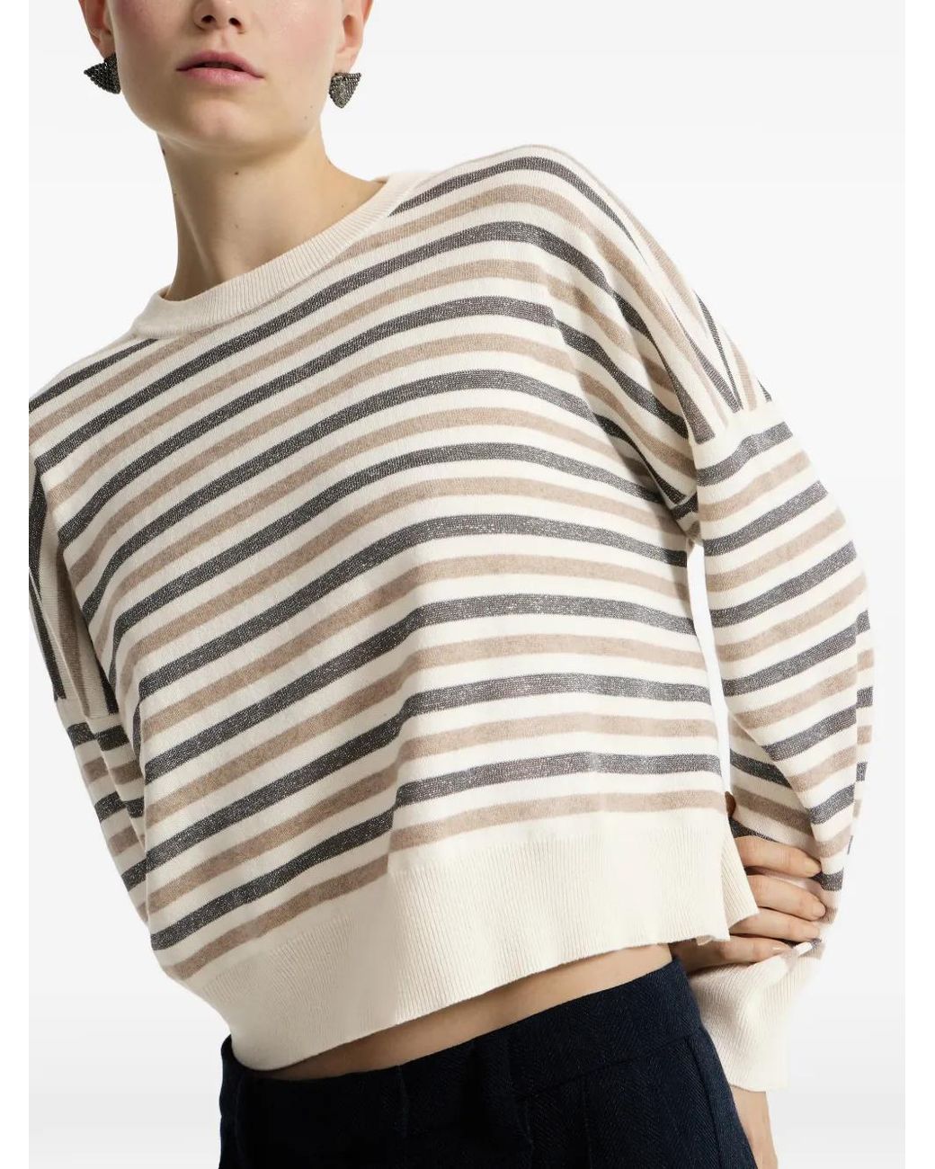 Brunello Cucinelli White Striped Cashmere Sweater