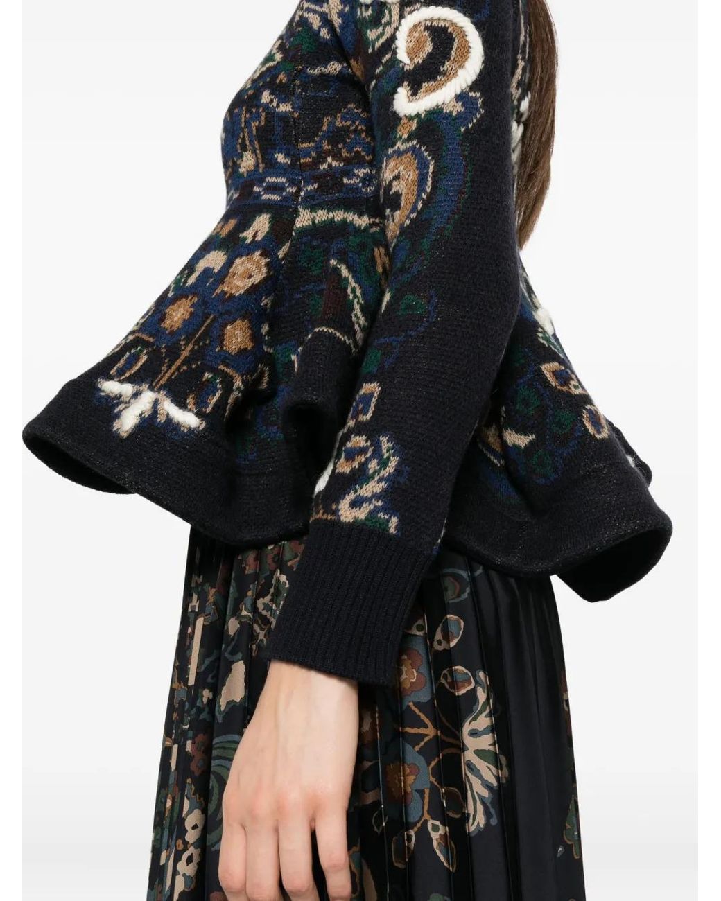 Sacai Black Floral-Pattern Embellished Sweater