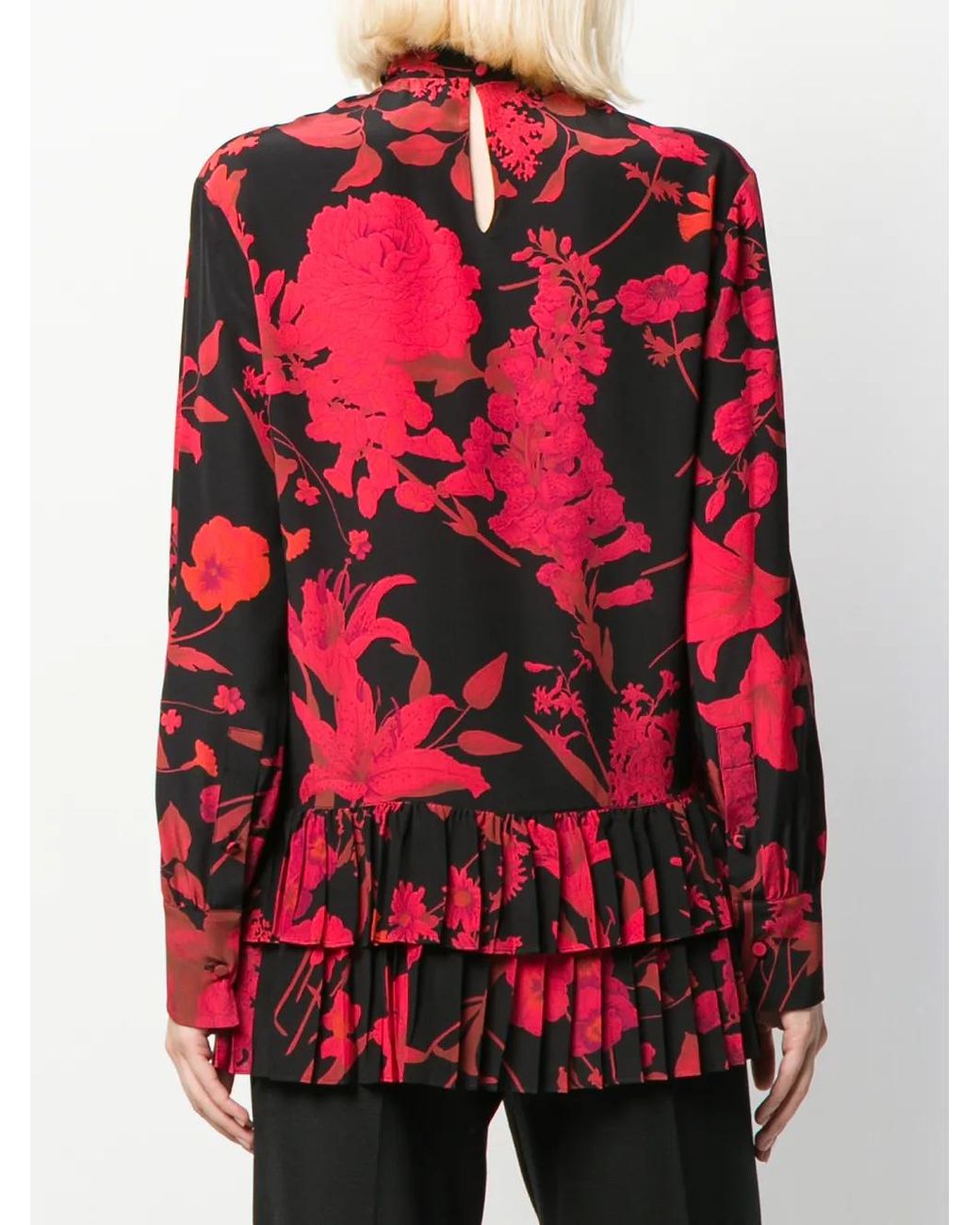 Valentino Garavani Red Floral Print Pleated Blouse
