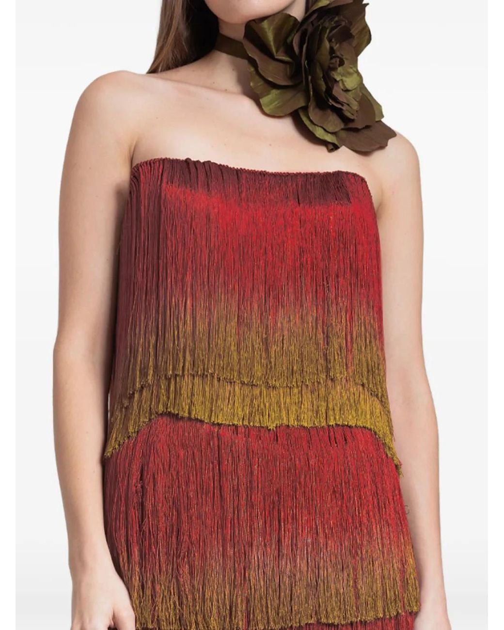 Gemy Maalouf Red Fringe-Trimmed Strapless Top