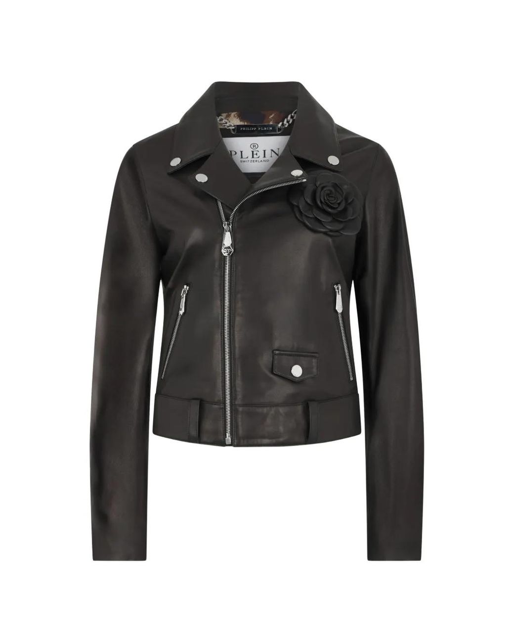 Philipp Plein Black Boxy Biker Jacket Flower