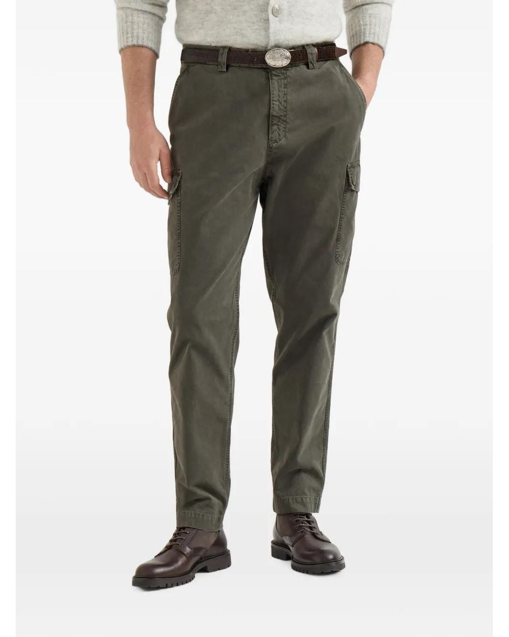 Brunello Cucinelli Gray Peached Cotton Gabardine Trousers With Cargo Pockets for men