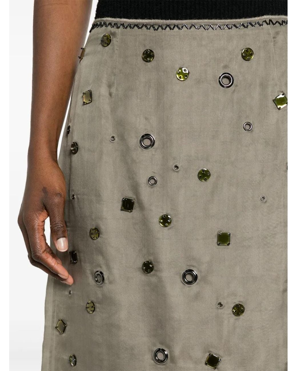 Prada Natural Crystal-Embellished Silk Midi Skirt