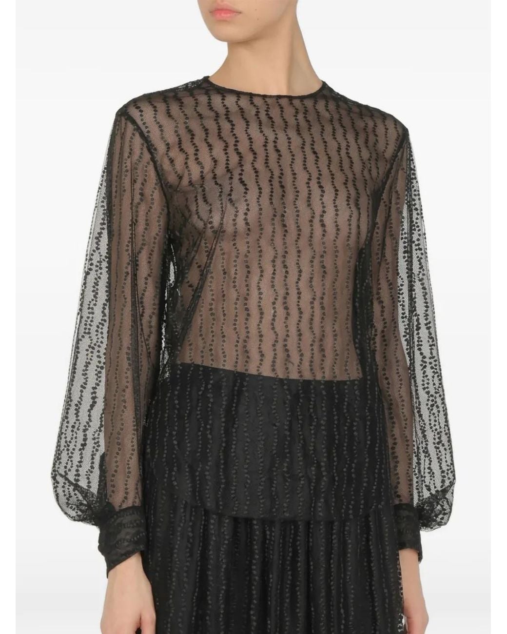 Alberta Ferretti Sheer-Lace Puff-Sleeve Blouse in Black | Lyst
