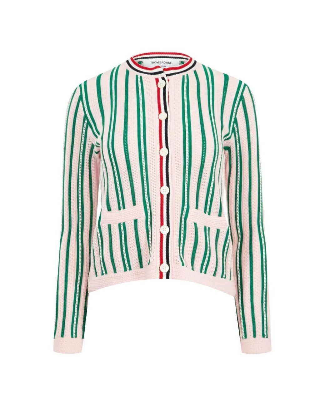 Thom Browne Blue Crochet-Stitch Striped Cardigan