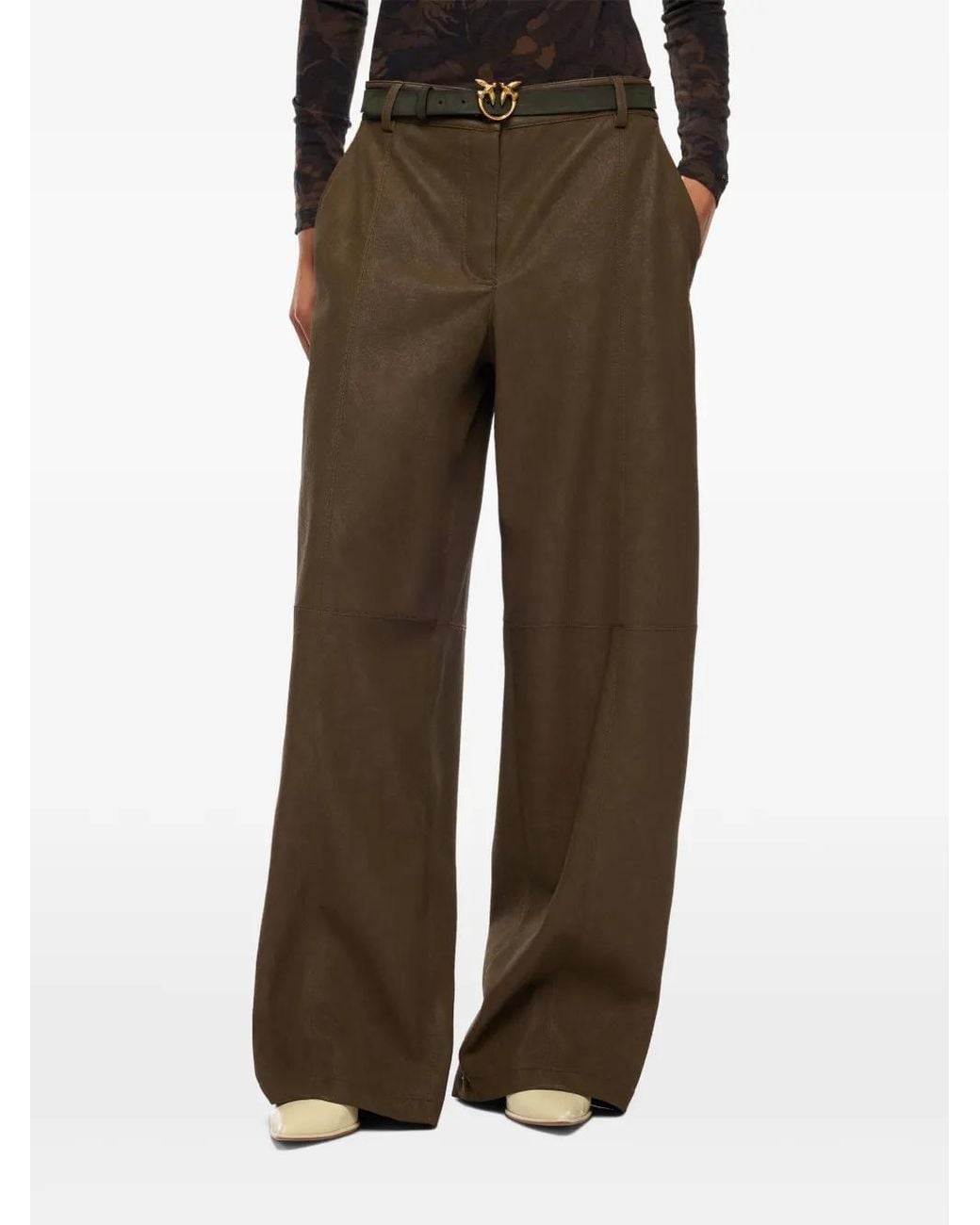 Pinko Green Wide-Leg Trousers With Belt Loops And Fastening