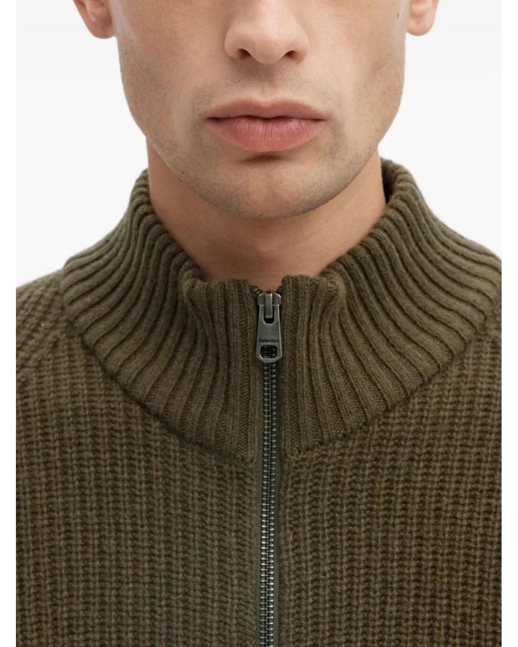 SELECTED Green Zip-Up Ribbed Cardigan for men