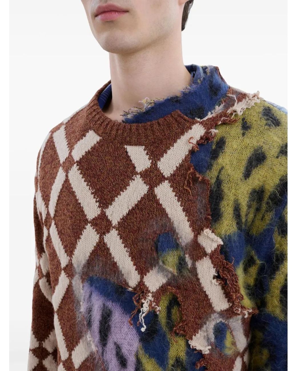 Marni Brown Distressed-Effect Colour-Block Jumper for men