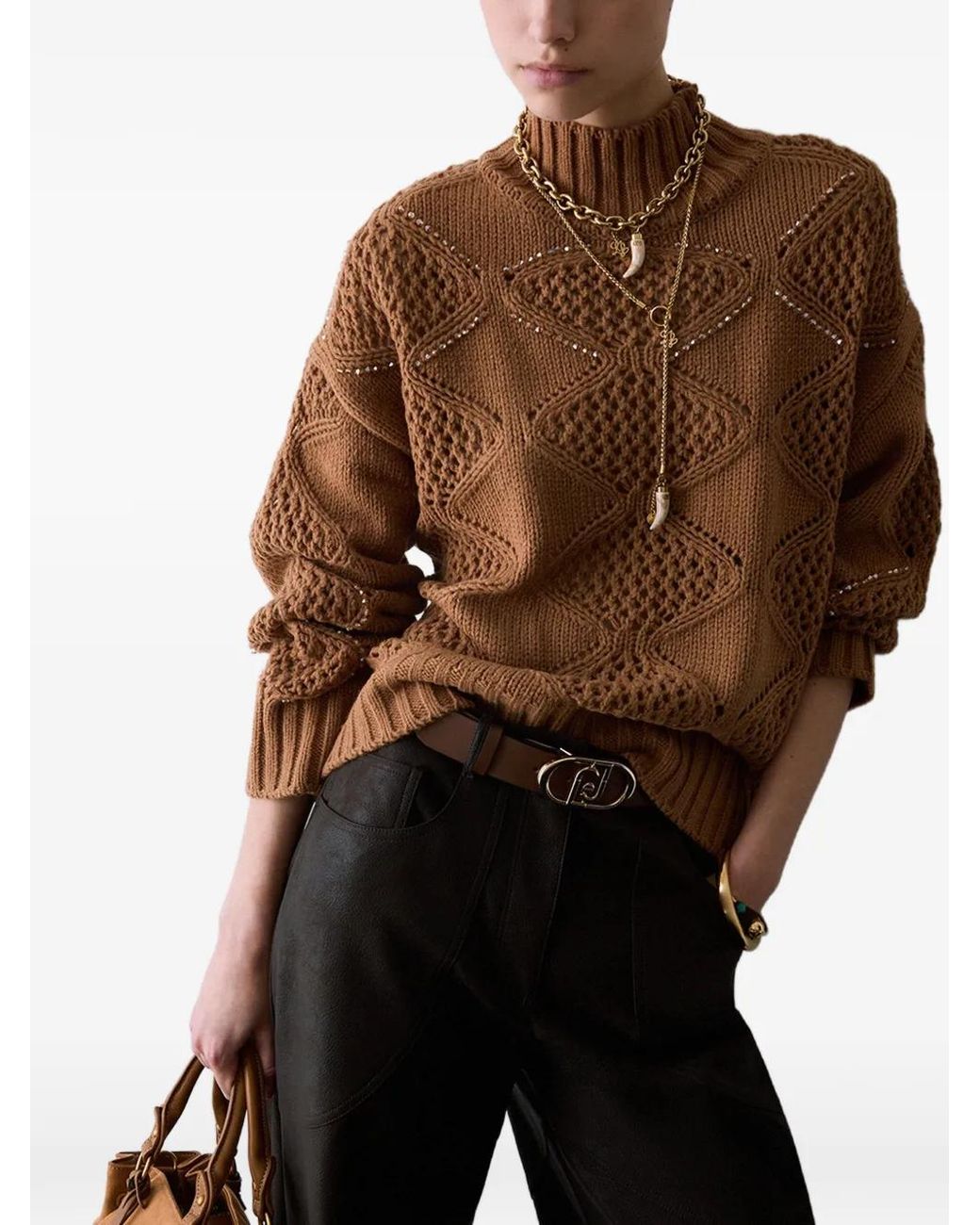 Liu Jo Brown Turtleneck With Beads And Openwork