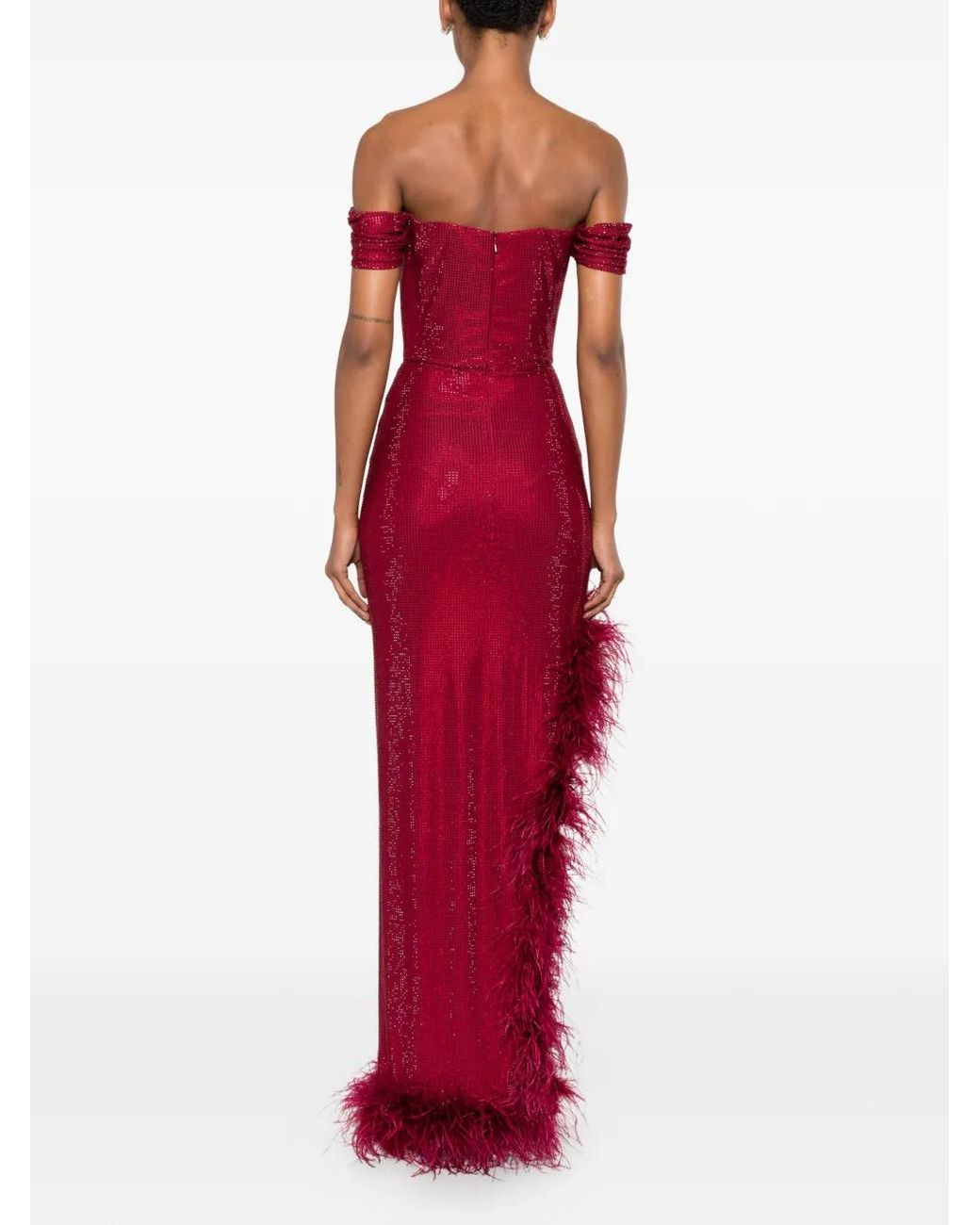 Miron Red Crystal-Embellished Feather-Trim Maxi Dress