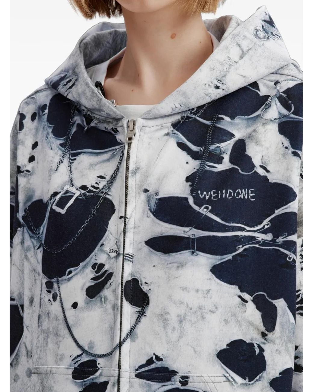 we11done Blue Trompe L'Oeil-Print Hoodie