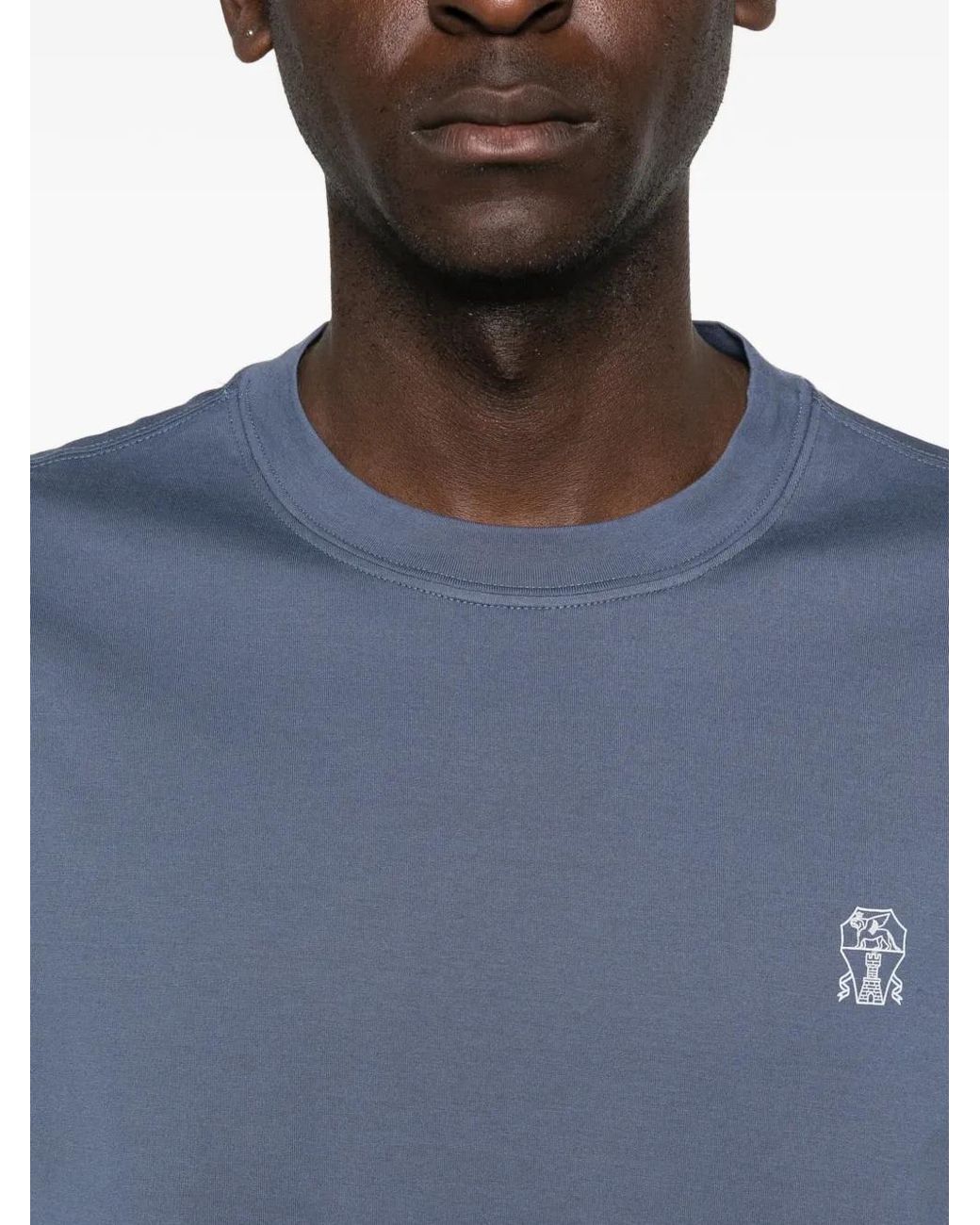 Brunello Cucinelli Blue Logo Cotton T-Shirt for men