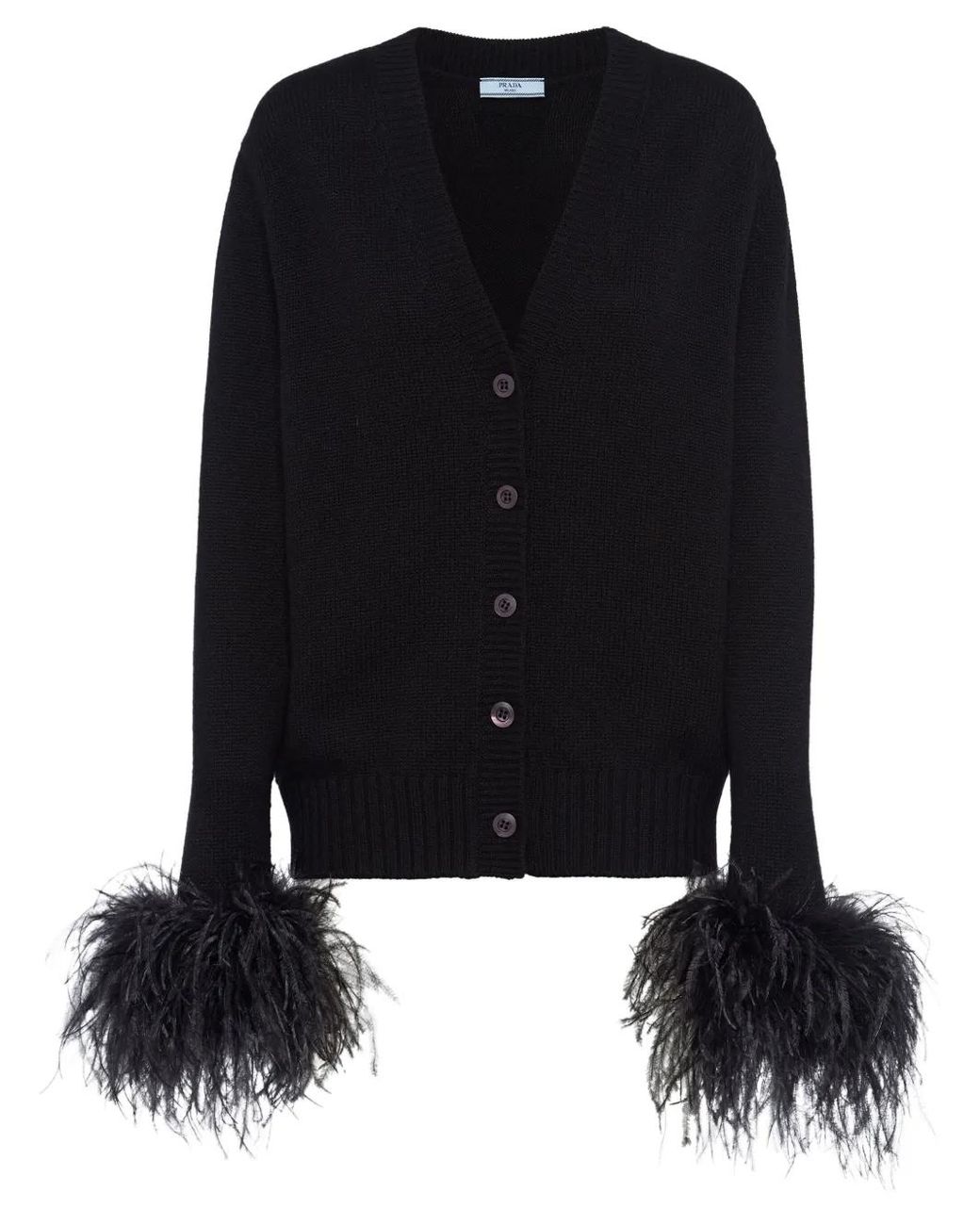 Prada Black Feather-trimmed Cashmere Cardigan