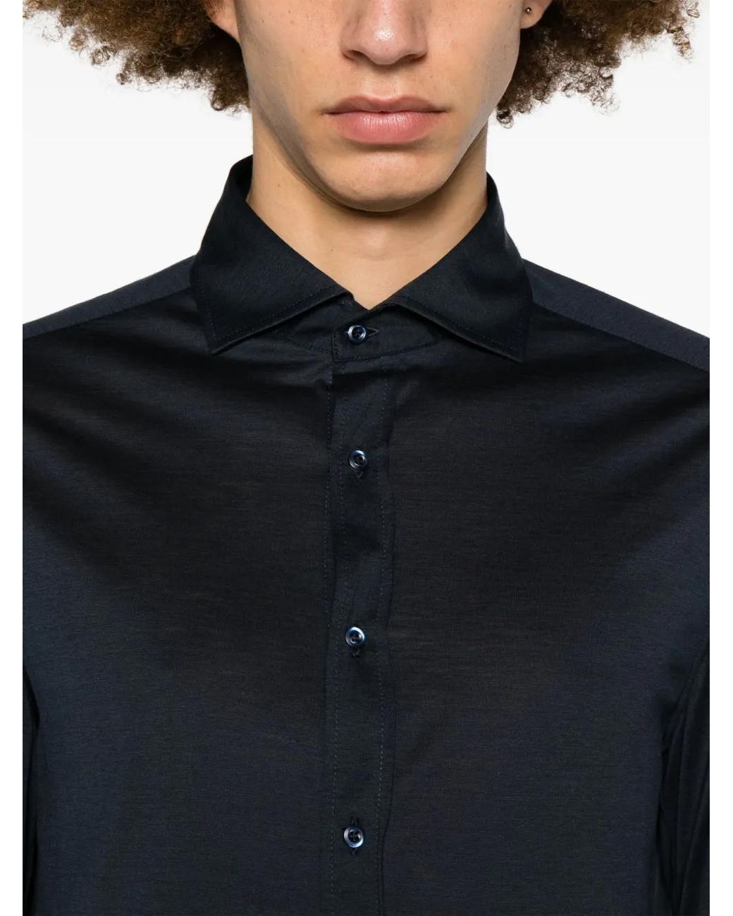 Brunello Cucinelli Blue Silk And Cotton Jersey Shirt With Spread Collar for men