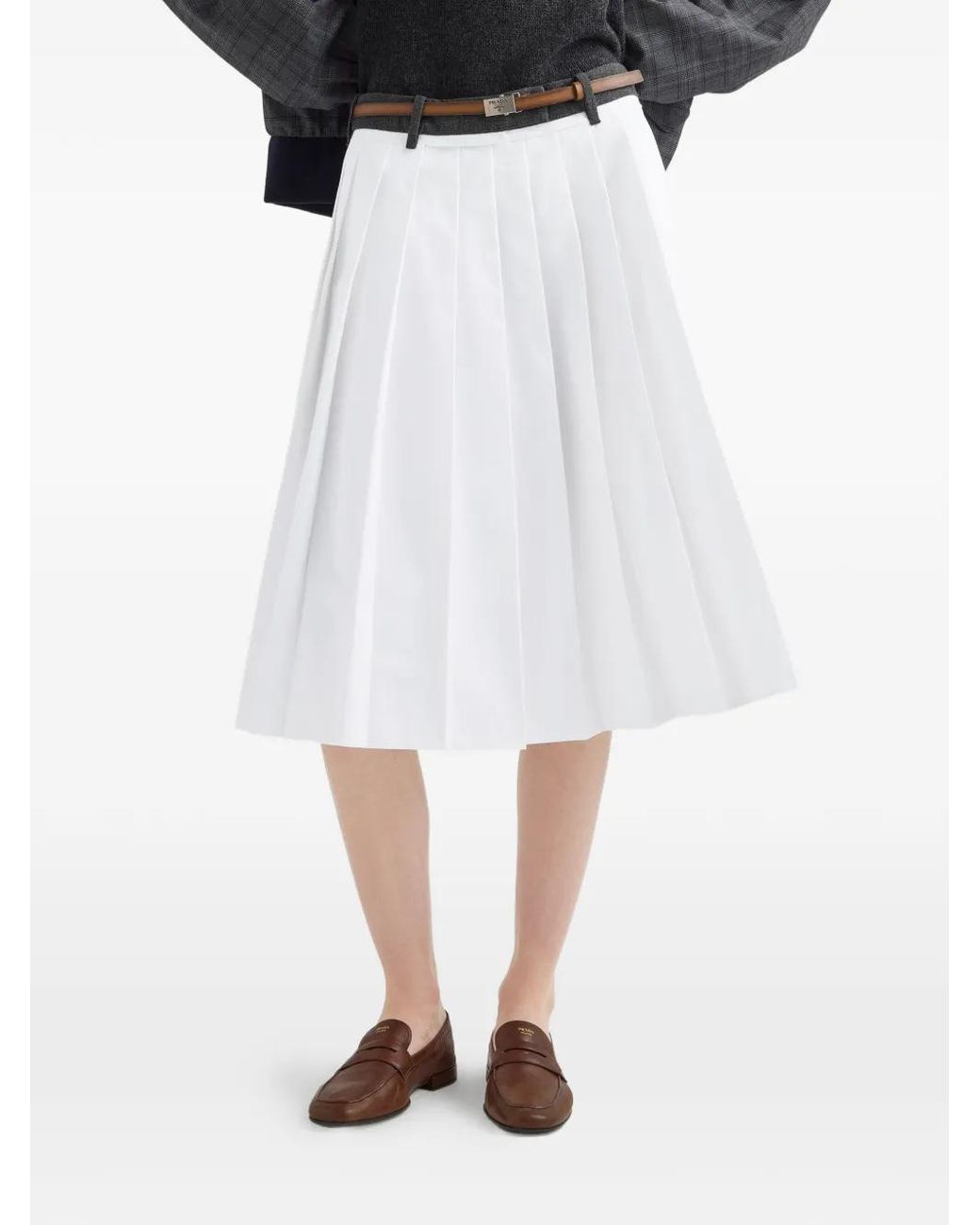 Prada White Pleated Poplin And Rush Stitch Skirt