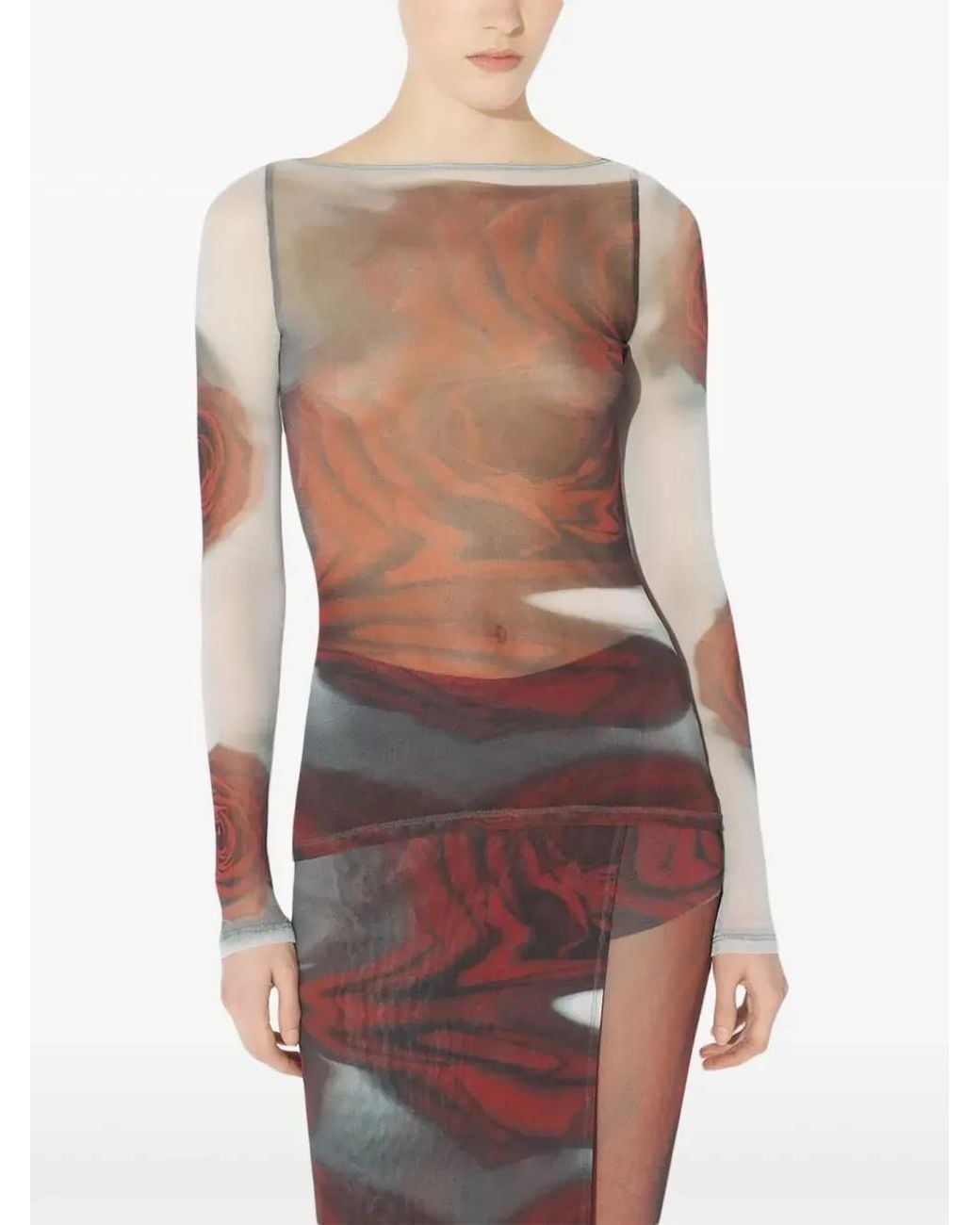 Jean Paul Gaultier Red Long-Sleeve Semi-Sheer Top