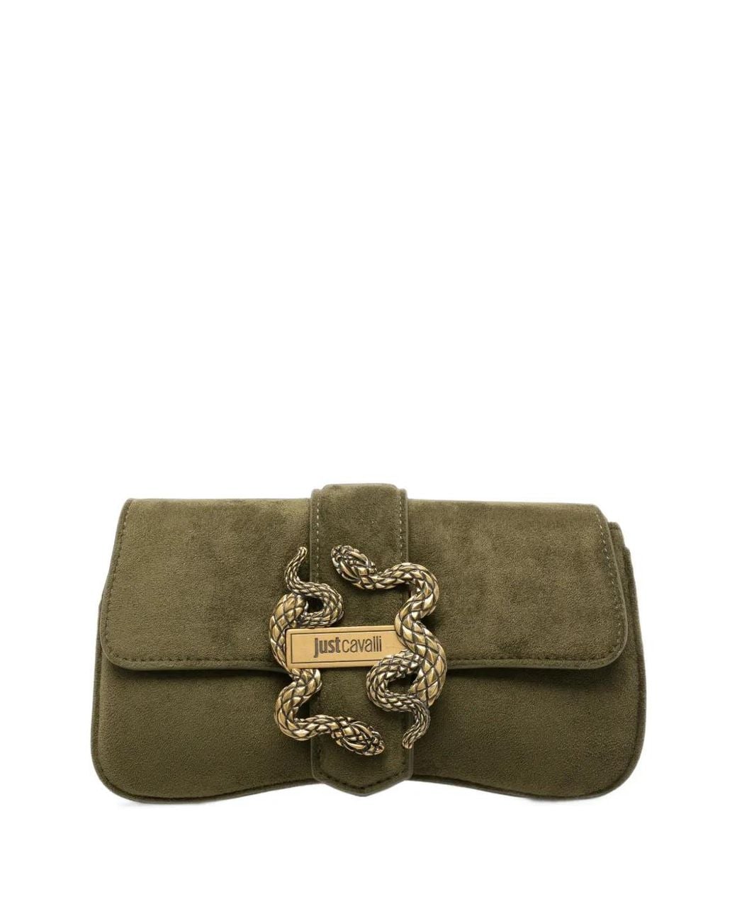 Just Cavalli Green Snake-Plaque Suede Clutch Bag